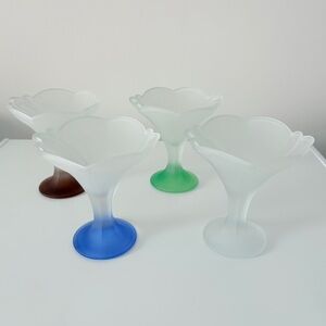 1970s Italian Strega Frosted Glass Stemmed Fancy Tulip Ice Cream Dessert Bowls